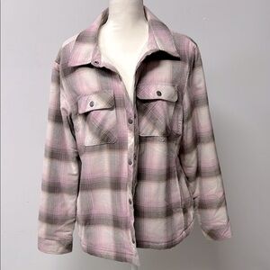 Free Country Womens Pink Gray Plaid Sherpa Lined Snap Front Shacket XL Collar